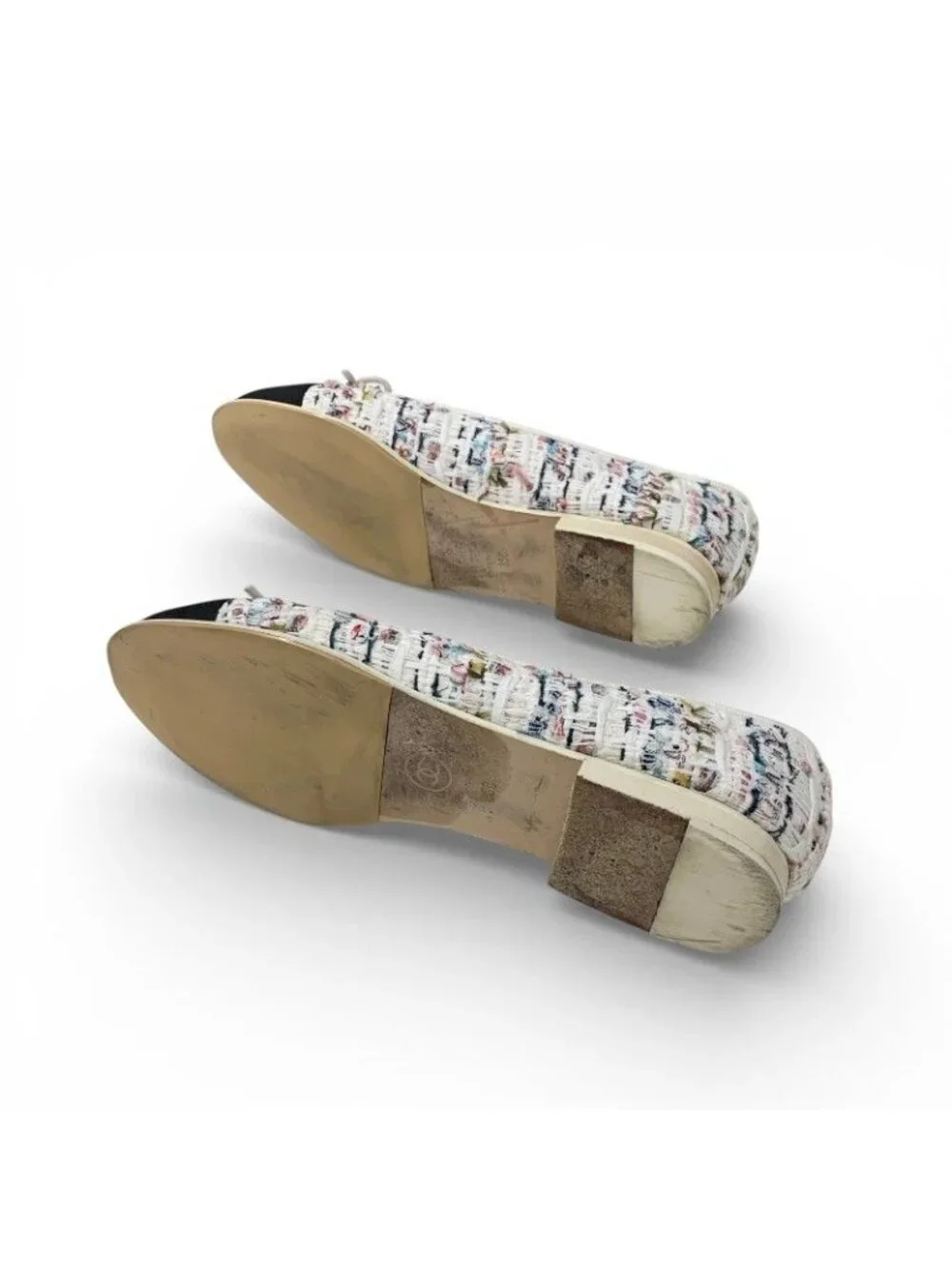 Chanel Flat Shoes Tweed White Black Multicolor CC Logo Ribbon - Picture 6 of 10